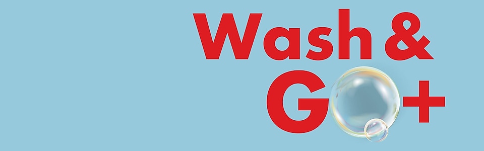 Wash & Go+ in Rot mit einer Seifenblase als O auf hellblauem Hintergrund.