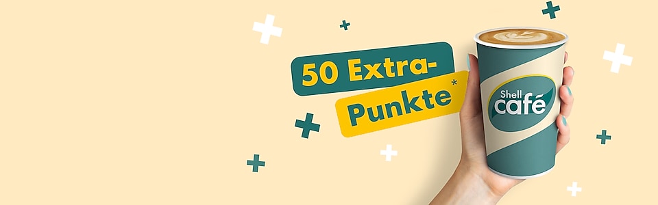 Ein Shell Café Becher in einer Hand. Text auf Bild: 50 Extra Punkte