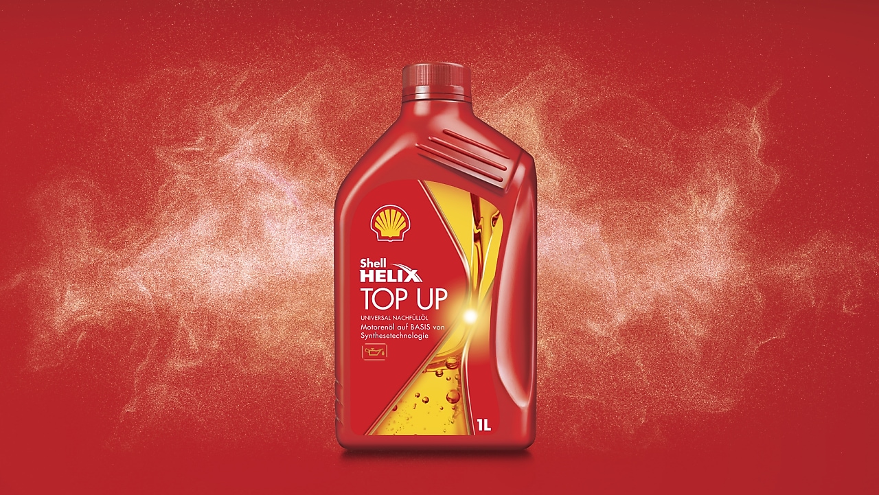 Shell Helix Top Up Oil flasche auf rotem Hintergrund