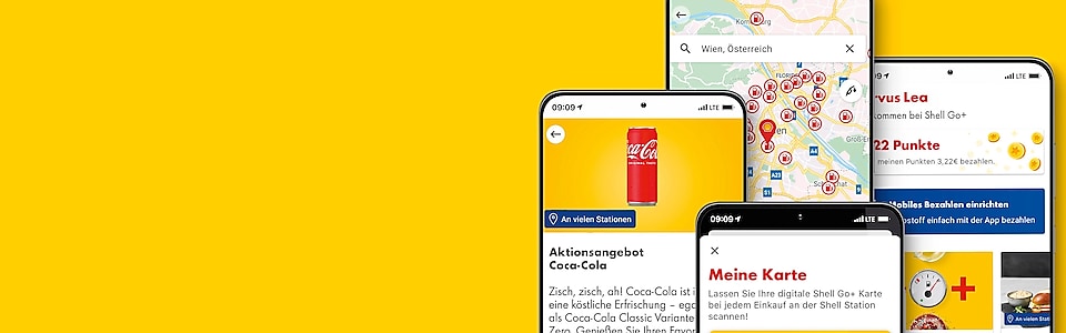 Vier geöffnete Handyscreens mit unterschiedlichen Funktionalitäten der Shell App