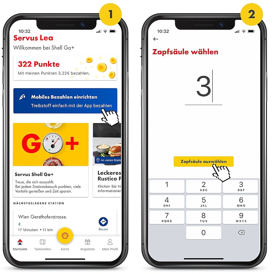 Es sind 2 Handys mit geöffneter Shell App zu sehen. Das 1. ist oben mit einer 1 in einem gelben Kreis gekennzeichnet. Es zeigt den Startscreen der Shell App. Eine Hand tippt auf den blauen Button „Shell SmartPay“. Das zweite Handy ist mit einer 2 in einem gelben Kreis gekennzeichnet. Auf dem 2. Handy Screen sieht man wie die Zapfsäule gewählt drei gewählt wird.